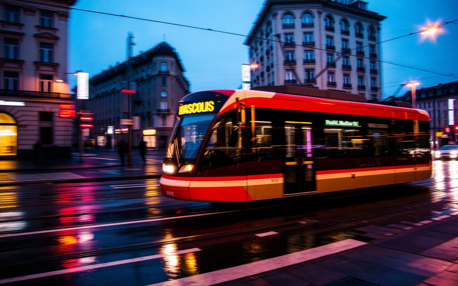 Tramwaj na mokrej, wieczornej ulicy w polskim mieście, z odbiciami świateł